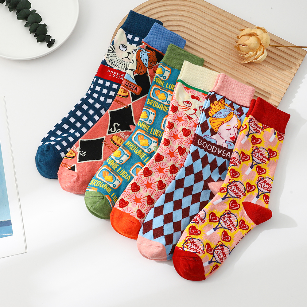 6 par/lote calcetines de moda de gato de dibujos animados para hombre calcetines largos de algodón suaves y transpirables calcetines casuales Harajuku medias felices calcetines divertidos regalo