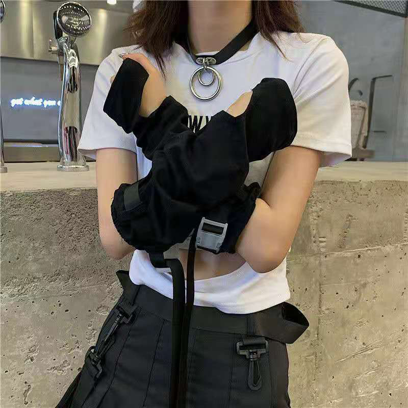 1 Pair Cool Black Punk Unisex Arm Warmer Fingerless Gloves Cuff with Buckle Ninja Elbow Length Gothic Sun-protective Sleeve
