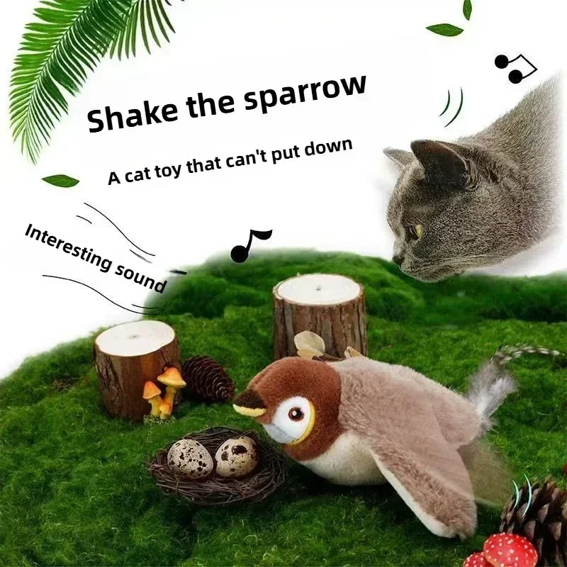 Interactief kattenspeelgoed Oplaadbare vliegende vogel Kattenspeeltje Tjilpen Klapperende vogel (geen vliegen) Kan Catnip Touch-geactiveerd knuffel toevoegen