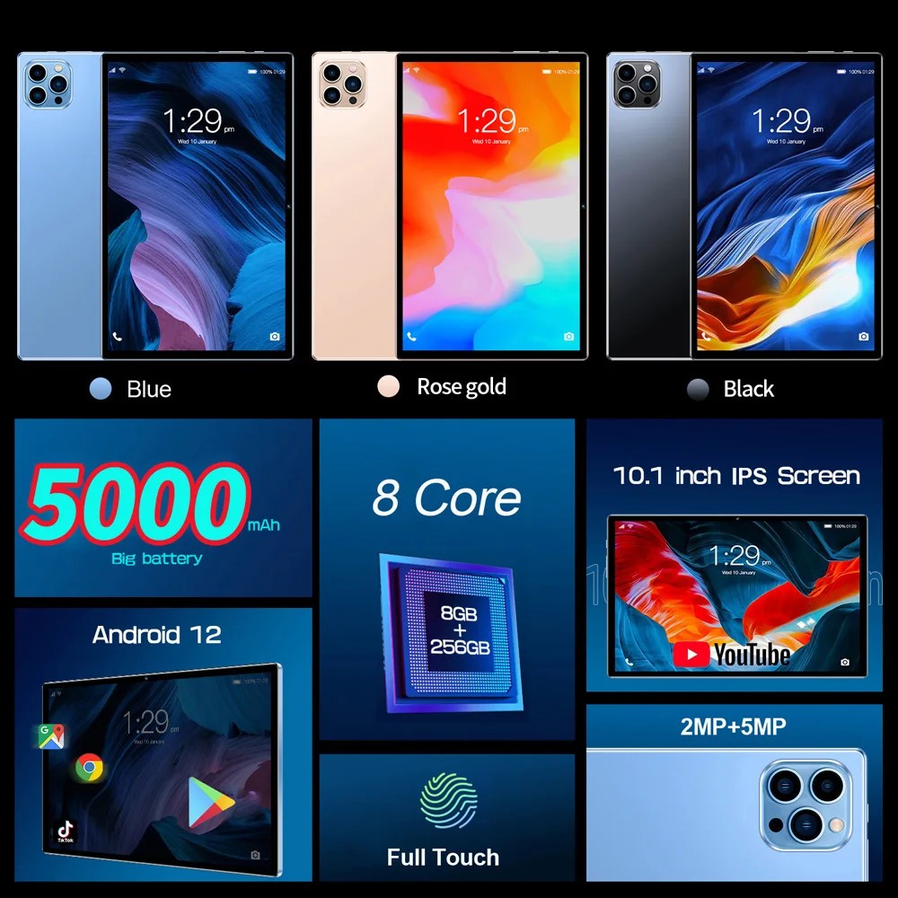 BDF versión Global 10,1 pulgadas 5G/4G LTE tabletas Android 12 sistema 8GB RAM 256GB ROM Octa Core WiFi-Bluetooth-tarjeta Sim