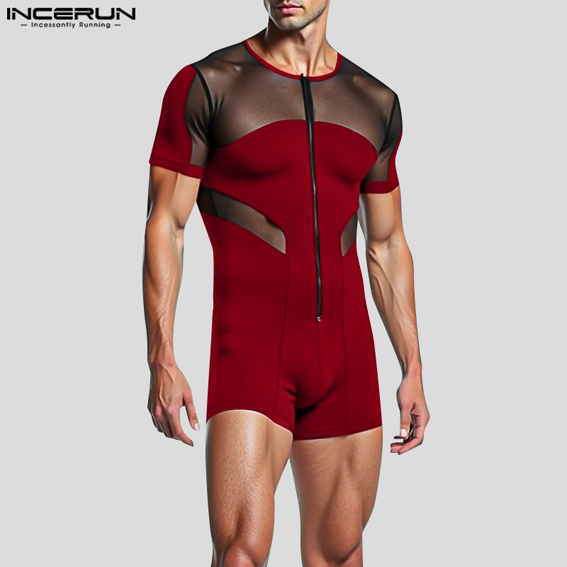 INCERUN, peleles de moda de estilo americano, monos de empalme de malla para hombre, ropa de casa Sexy, monos de manga corta con cremallera y cuello de esquina plana