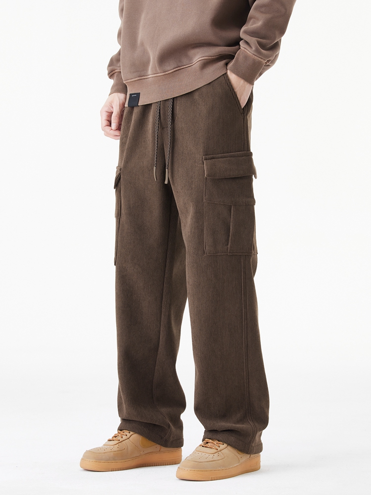 ฤดูหนาว Corduroy Sweatpants ผู้ชายหลายกระเป๋าขนแกะถักกางเกง Cargo Thicken WARM Casual หลวมตรงกางเกงชาย