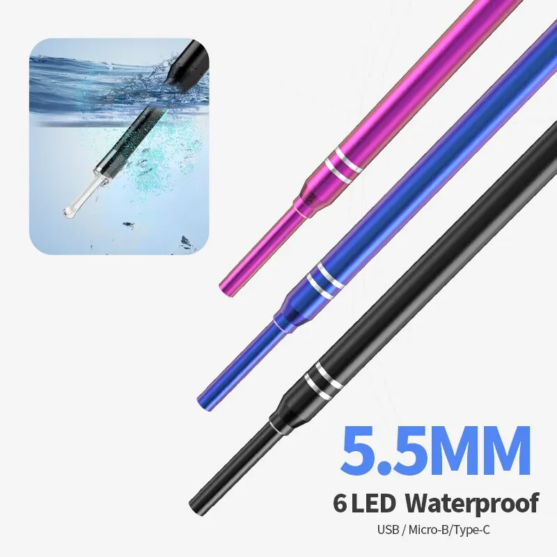 Removedor de cera inteligente endoscópio, limpador de ouvido, removedor de cera, Picker com 2 colheres, suporte Android, PC, tipo C, 3 em 1, 5,5mm
