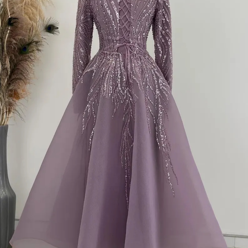 Sansa-Robe de soirée de forme trapèze, tenue de soirée de standing, avec perles et paillettes, longueur au sol, col rond, manches longues, 2024