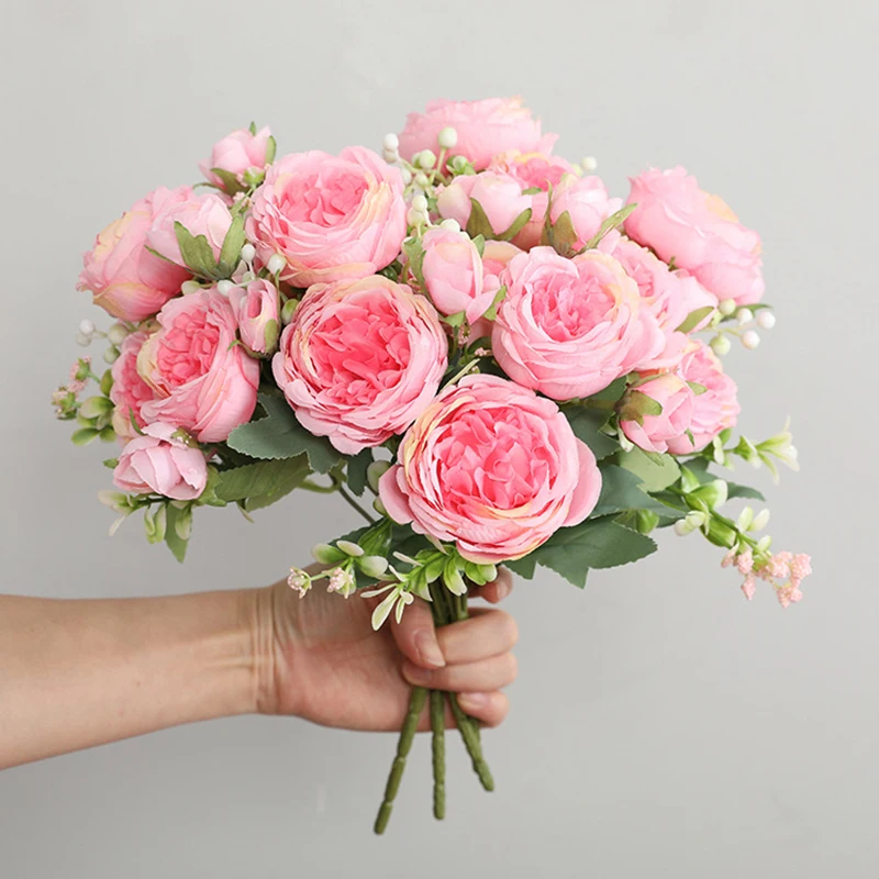30 センチメートルローズピンクシルクブーケ牡丹造花 5 ビッグヘッド 4 小さなつぼみ花嫁の結婚式の家の装飾造花