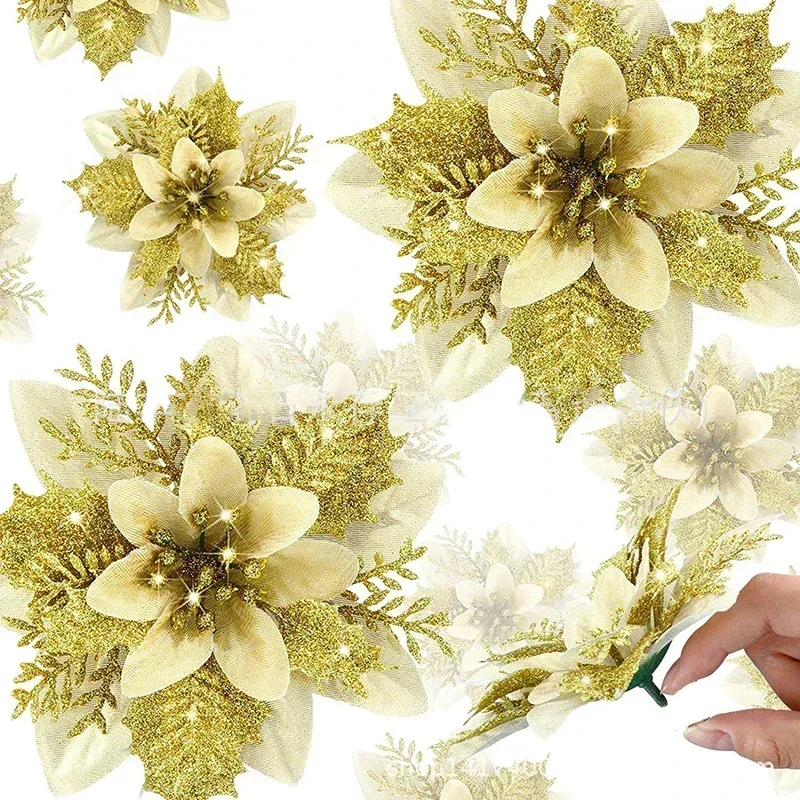 5 uds 14,5 cm brillo flores artificiales de Navidad Mreey decoración de árbol de Navidad adornos de Feliz Año Nuevo flores falsas de Navidad natal