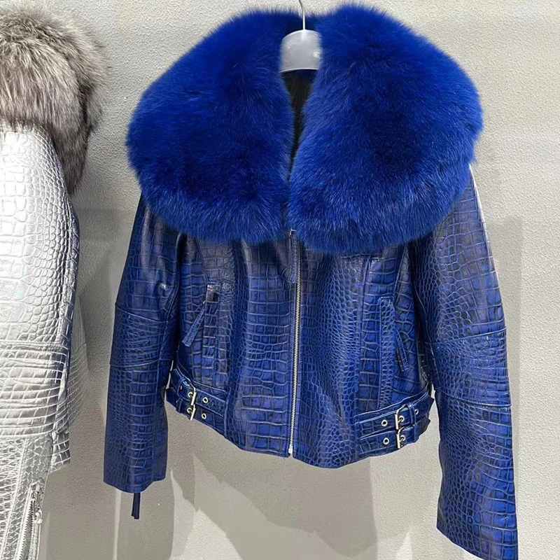 2024 herbst Winter Echt Fox Pelz Kragen Frauen Echtem Schaffell Kurze Jacken Mode Weibliche Echt Leder Motorrad Jacke Mäntel