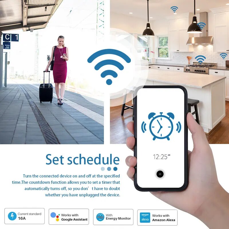 Enchufe inteligente para hogar, WiFi, 20A, enchufe europeo, Control remoto, temporizador, Monitor de potencia, compatible con voz, Google Home, Alexa