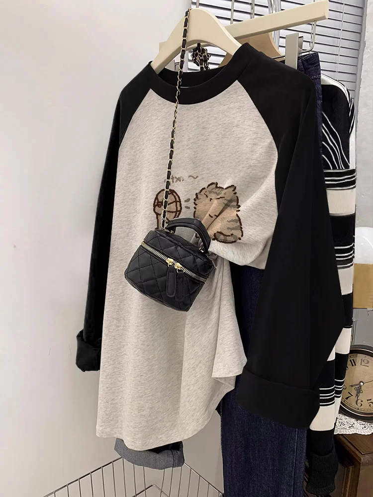 オーバーサイズレイジースタイル長袖レディース Tシャツピュアコットンベースシャツカラーブロックデザインカジュアルルーズフィットサマープリントトップ