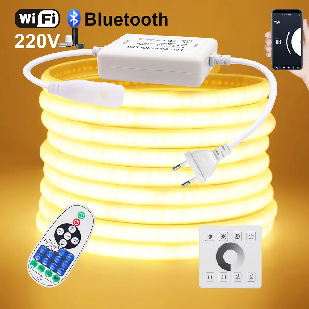 Tira de luces LED neón COB táctil de pared Wifi Bluetooth 23 teclas Control remoto 220V atenuador Kit de alimentación 5m 10m 20m 40m 0,5m 240LED/m Flex