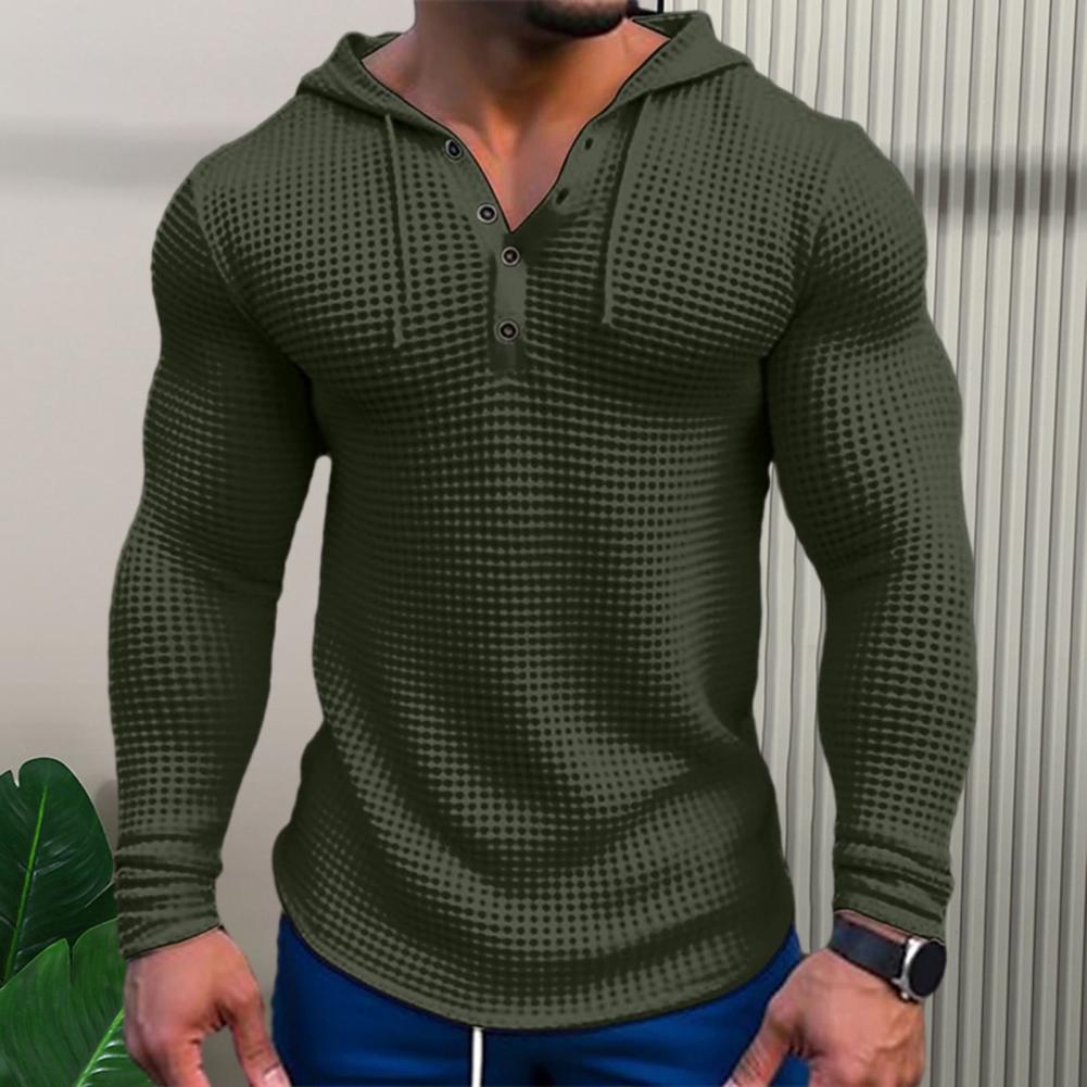 Primavera cor sólida magro ajuste camiseta de manga comprida, topo esportivo respirável com capuz masculino, camisa casual de manga comprida de algodão waffle