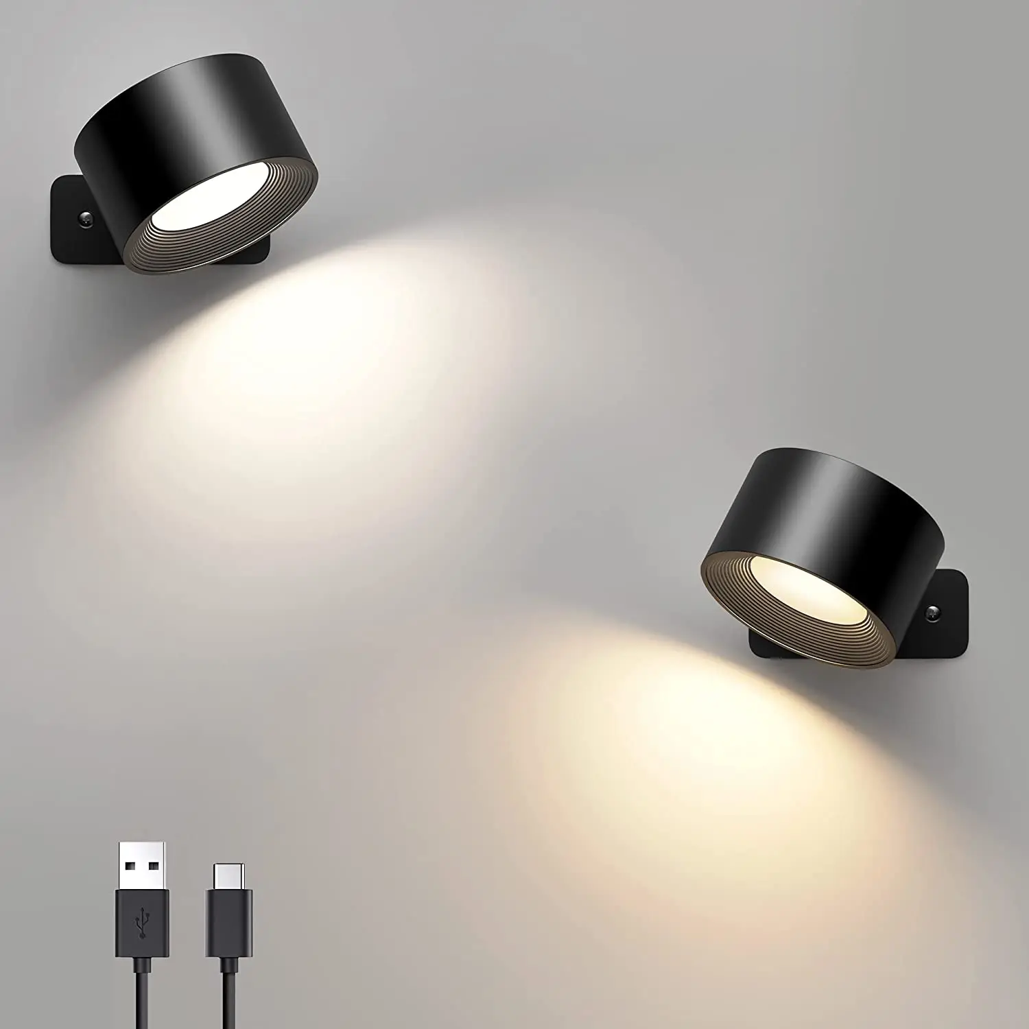 2 PC Indoor Wall Light, Touch LED Wall Lamp with USB Charging Port Touch Control, 3 Brightness Levels, 3 Rotating Temperatures, 360° Bedside Lamp for Bedroom