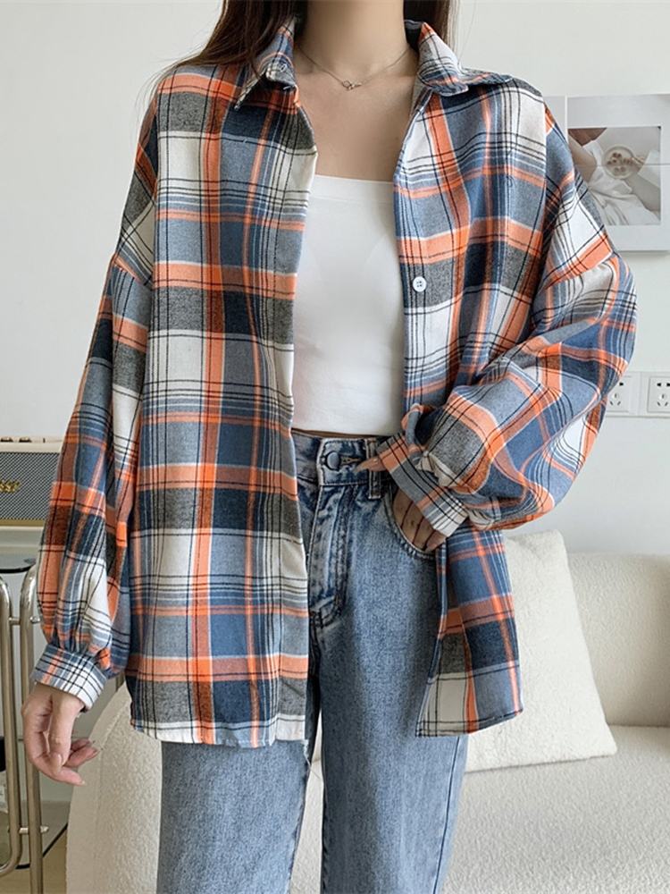 Loose Fit Plaid Shirt Coat Long Sleeve Women's Sle Summer Top Thin Version American Grid Pattern Casual Versatile Polyester...