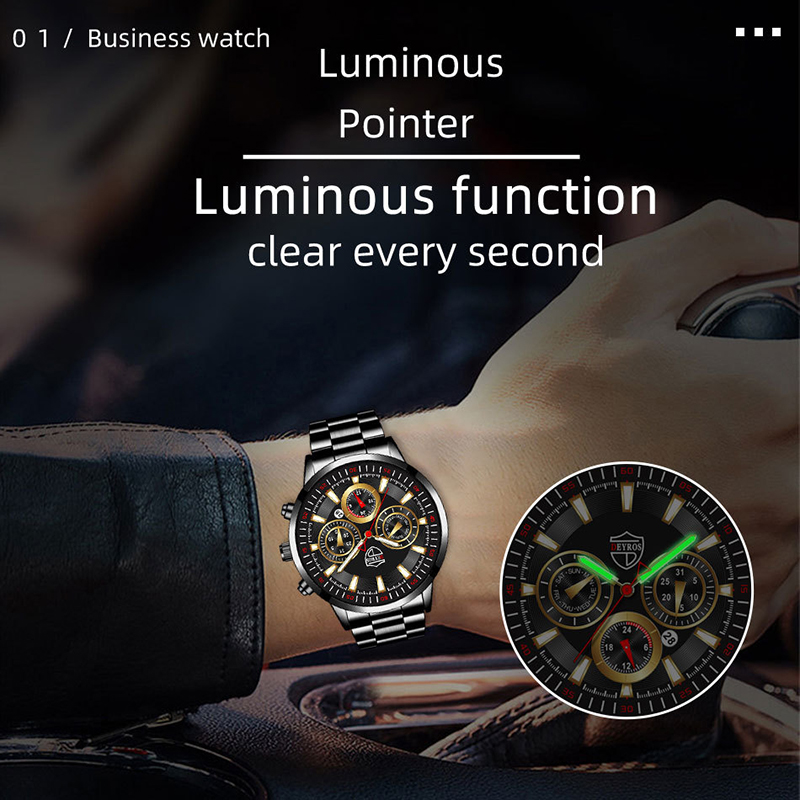 Relojes de moda para hombre, reloj de pulsera de cuarzo de acero inoxidable para negocios, reloj de pulsera de Cuero Luminoso con fecha informal para hombre