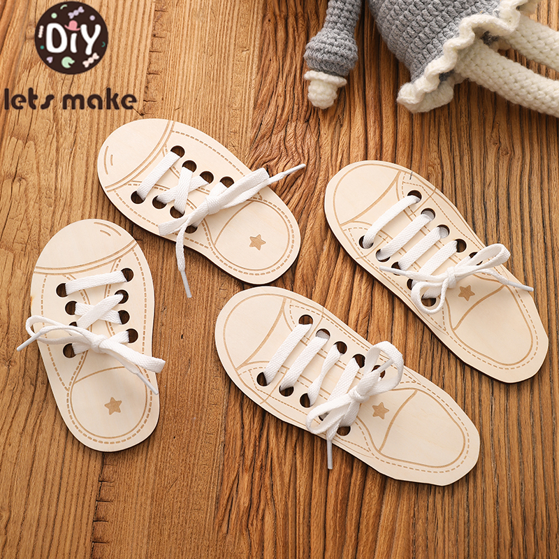 Juguete de zapato con cordones de madera para aprender a atar cordones, juguetes educativos de enhebrado creativo, tablero de cordones para práctica de atado, juguete Montessori, 2 uds.