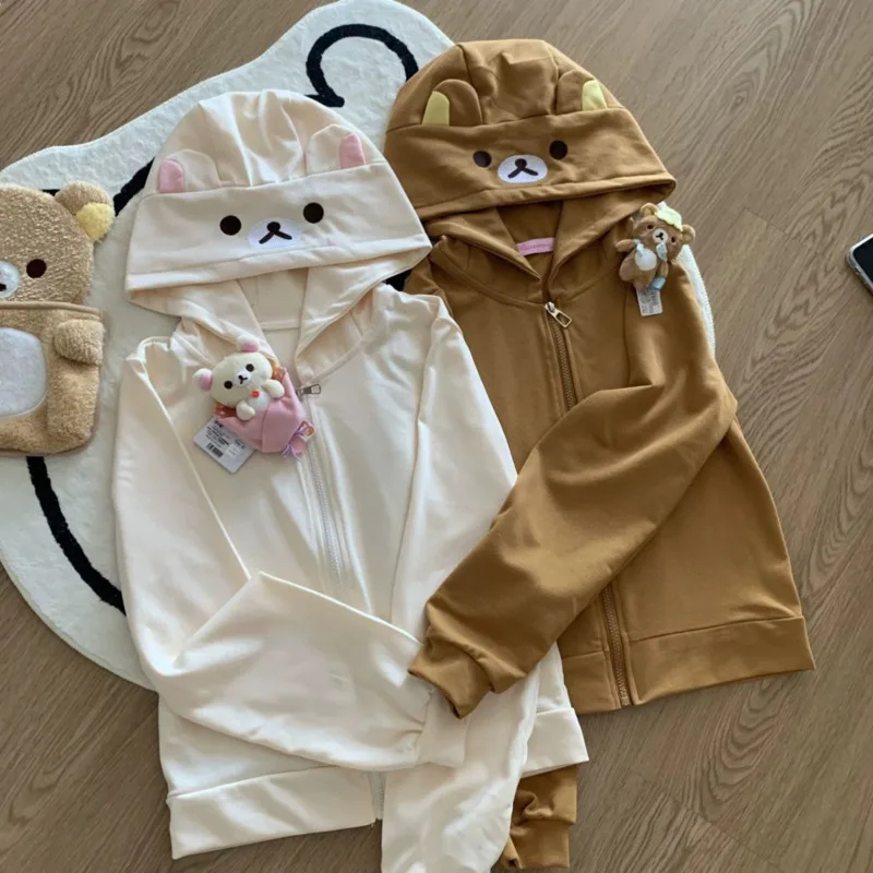 Rilakkuma-女性用ジップアップフーディ,テディベアの耳,長袖ジャケット,カジュアルカーディガン,コットンウェア,かわいいファッション