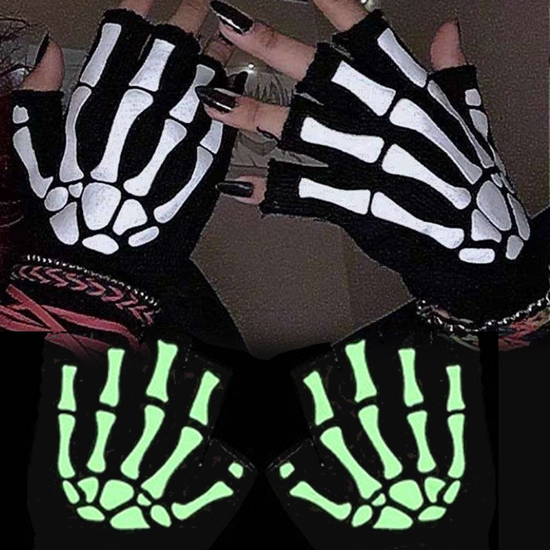 新大人コスプレハロウィンスケルトンスカルハーフフィンガーパンク手袋暗闇で光る指なしストレッチニット冬ミトン
