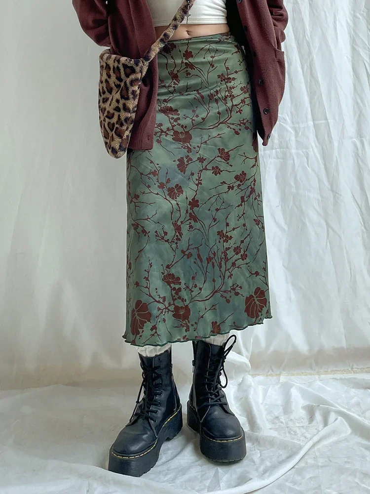 Falda larga con estampado Floral Harajuku, faldas por debajo de la rodilla rectas de tiro bajo Vintage para mujer, faldas básicas que combinan con todo para otoño Y2k