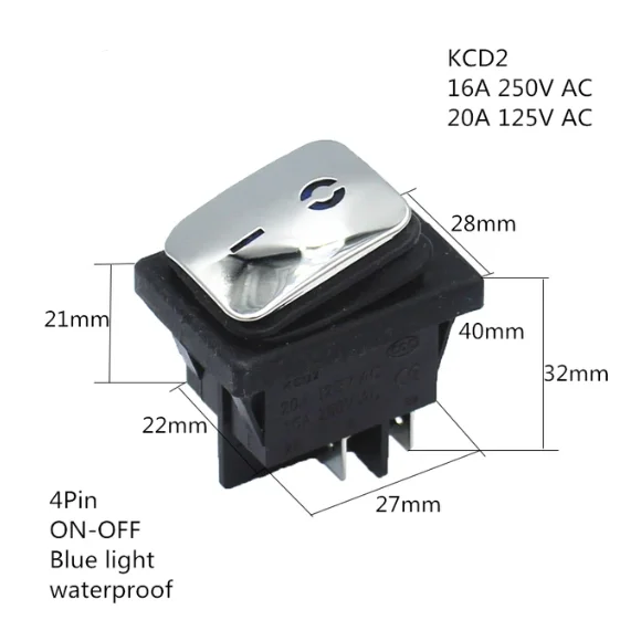 KCD4 Stainless steel surface waterproof boat-shaped rocker switch 4-pin 2-speed with LED lights high current 20A power switch