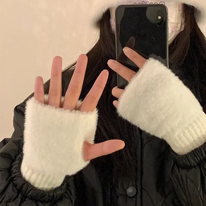 Mink Fleece Soft Half Finger Gloves | Winter Warm Knitted Gloves | Women Solid White Plush Fingerless Wrist Mittens Writting
