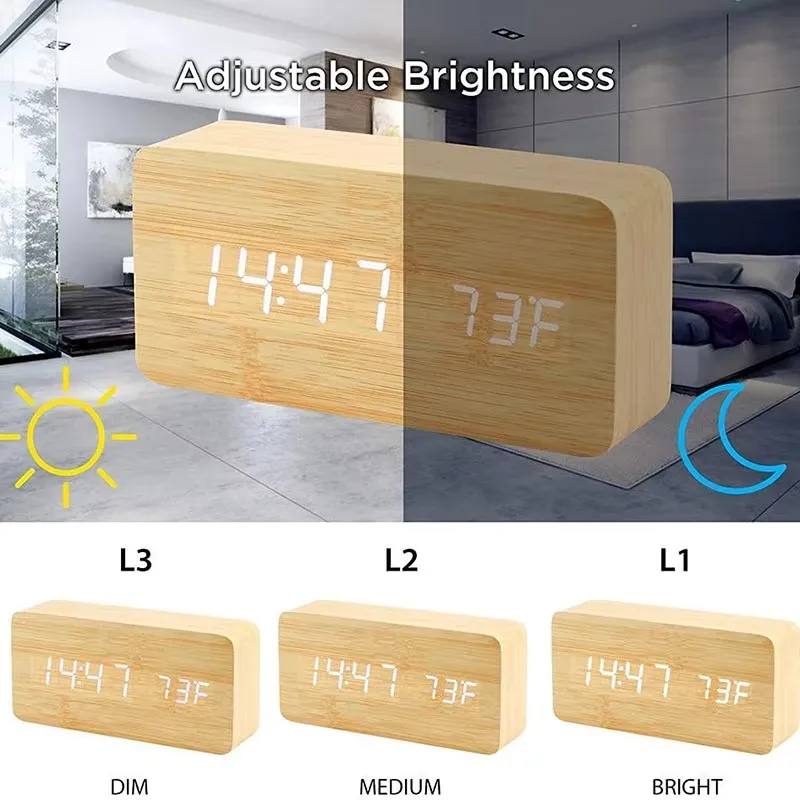 침실 사무실 책상 장식을 위한 온도와 나무 디지털 알람 시계 LED 테이블 시계