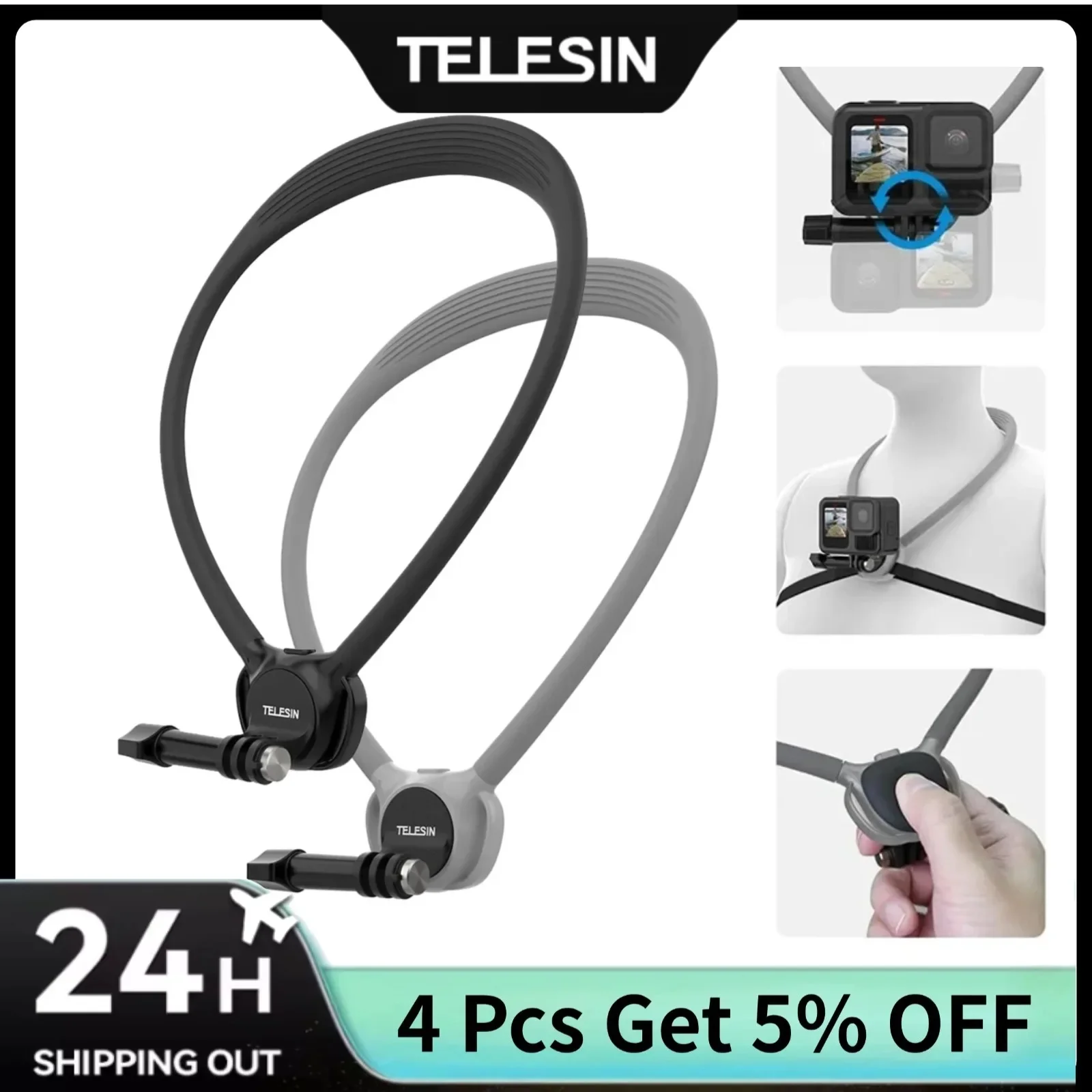 TELESIN soporte de cuello de silicona para Gopro Hero 13 12 11 10 9 8 DJI OSMO Action 5 4 3 Insta360 X5/X4/X3 Mount Go Pro Accesorios