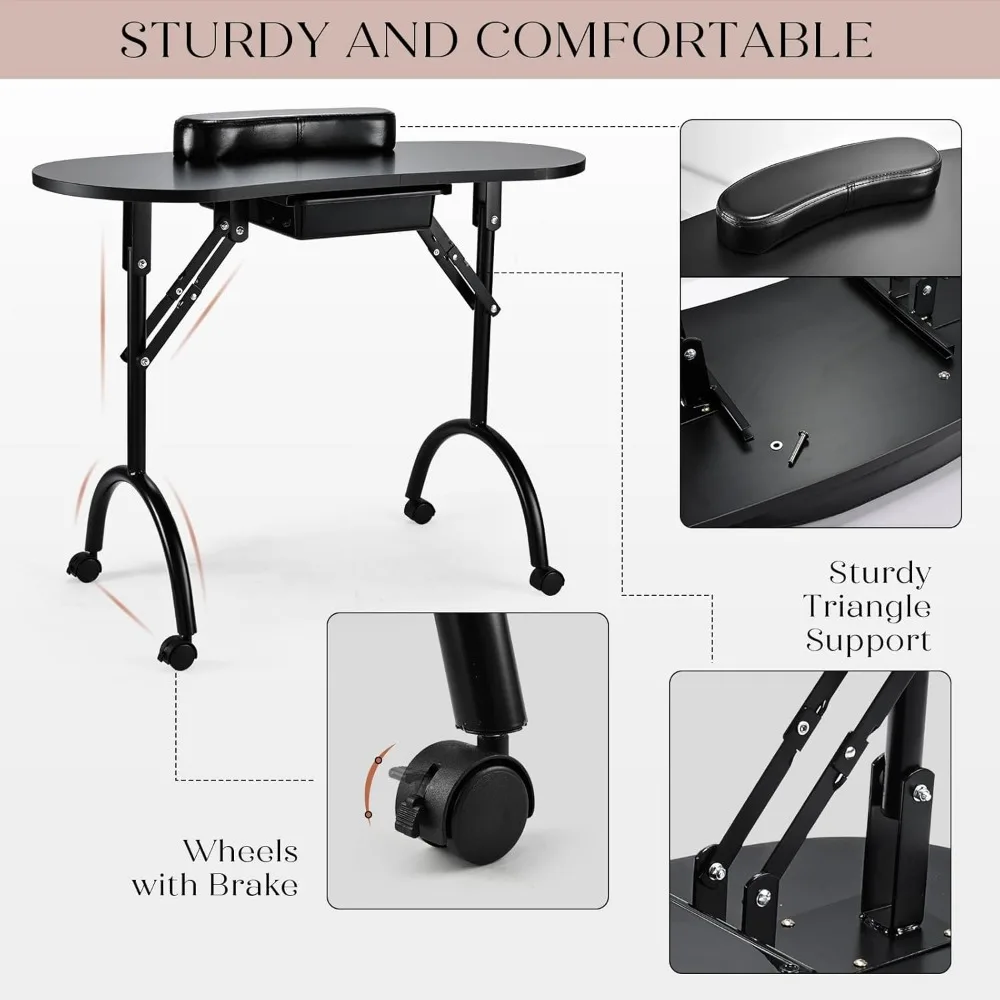 Portable Nail Table Manicure Desk Foldable Nails Tech Station Professional Nail Desk with Drawer & Wrist Rest Wheeled Manicurist