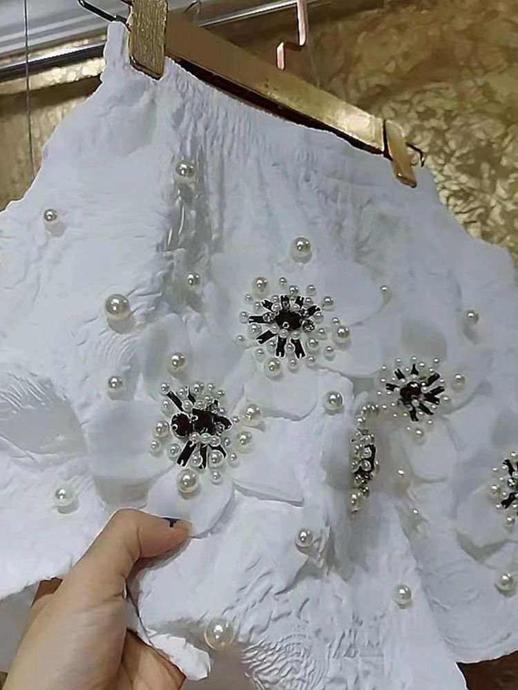 Luksusowy styl Perły Zroszony Kwiaty 3D Ścieg Pantalony Cortos Szorty z szerokimi nogawkami Krótkie spodnie damskie Krótkie spodnie z elastyczną talią