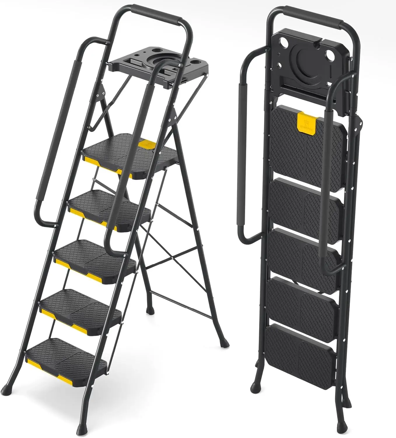 KINGRACK Escalera de Tijera 5 Peldaños Plegable con Pasamanos de Seguridad y Bandeja de Herramientas, Escalera Doméstica con Gra