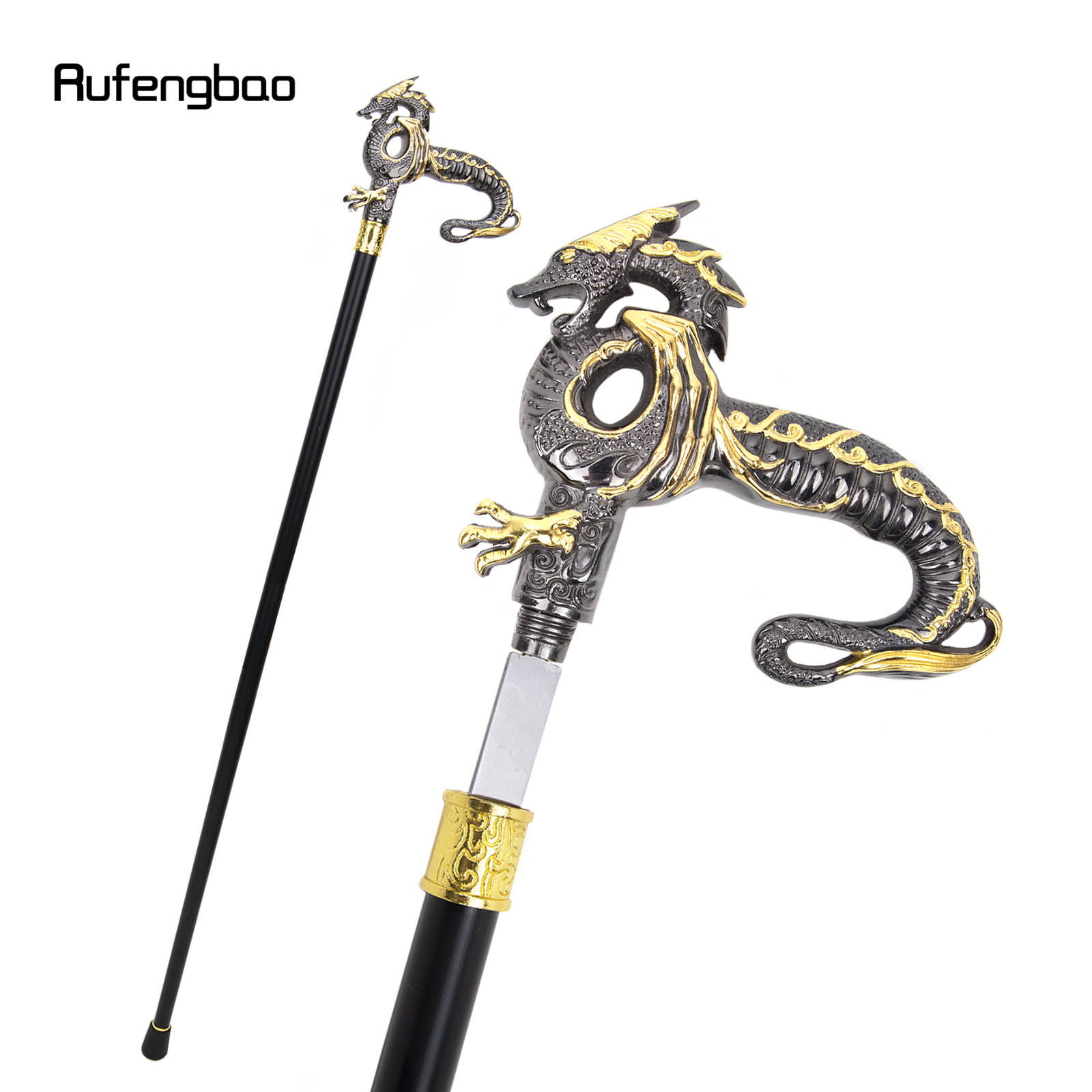 Bastón de dragón de lujo con placa oculta, placa de autodefensa, Crosier de Cosplay, 93cm, color dorado y negro