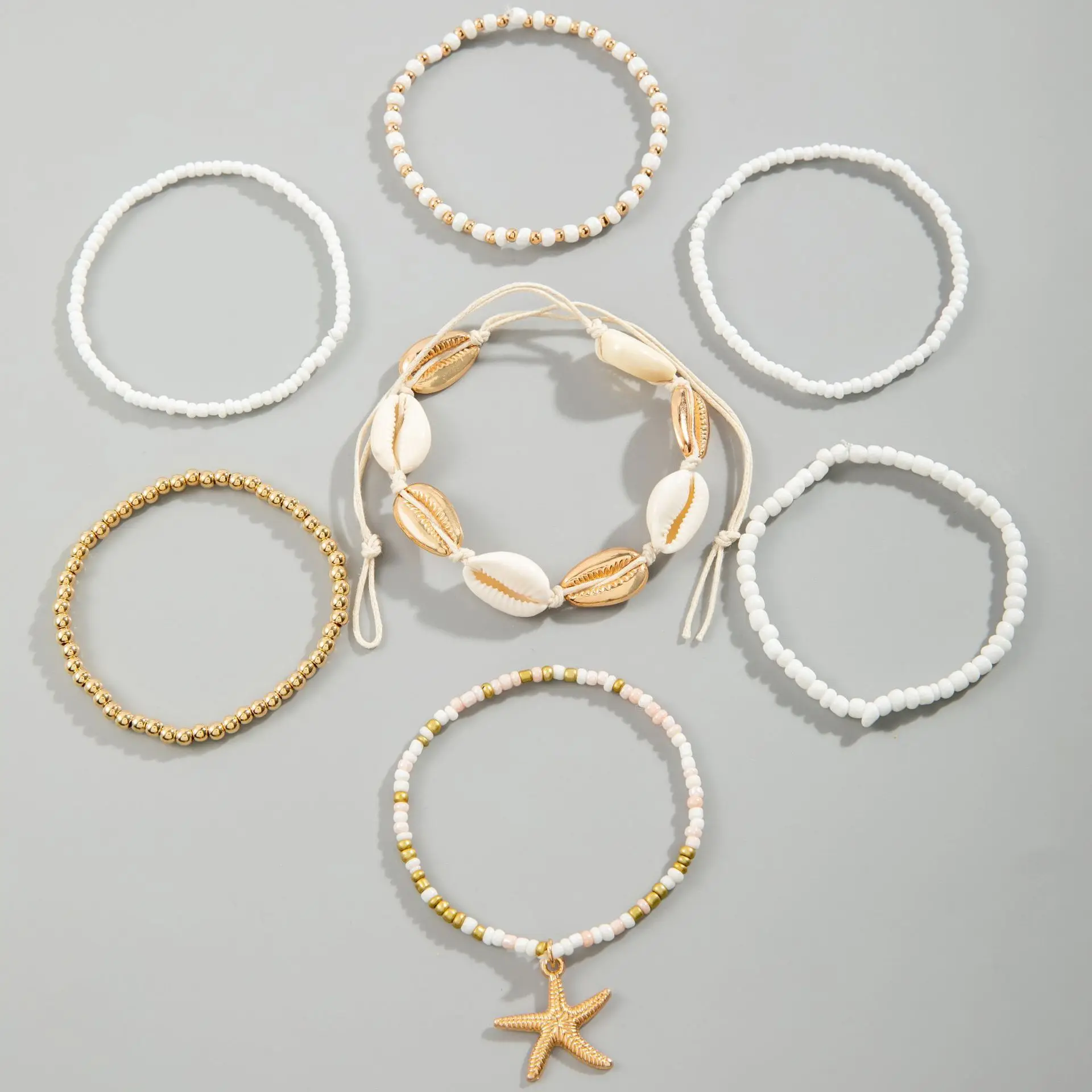 7 Uds. Conjunto de pulsera de estrella de mar de verano para mujer, cuentas de arroz de concha bohemia, brazalete de cadena elástica, accesorios de joyería de playa Bohemia