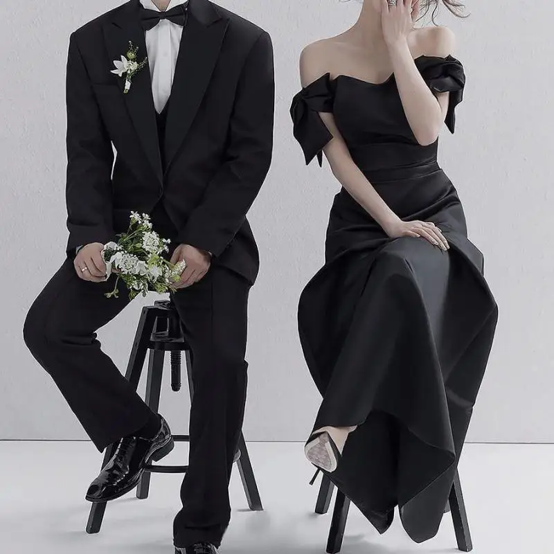 활 오프숄더 웨딩 드레스, 새틴 블랙 이브닝 드레스, 우아한 바닥 길이 A 라인, 심플한 스키엔카 나 웨젤, 신상