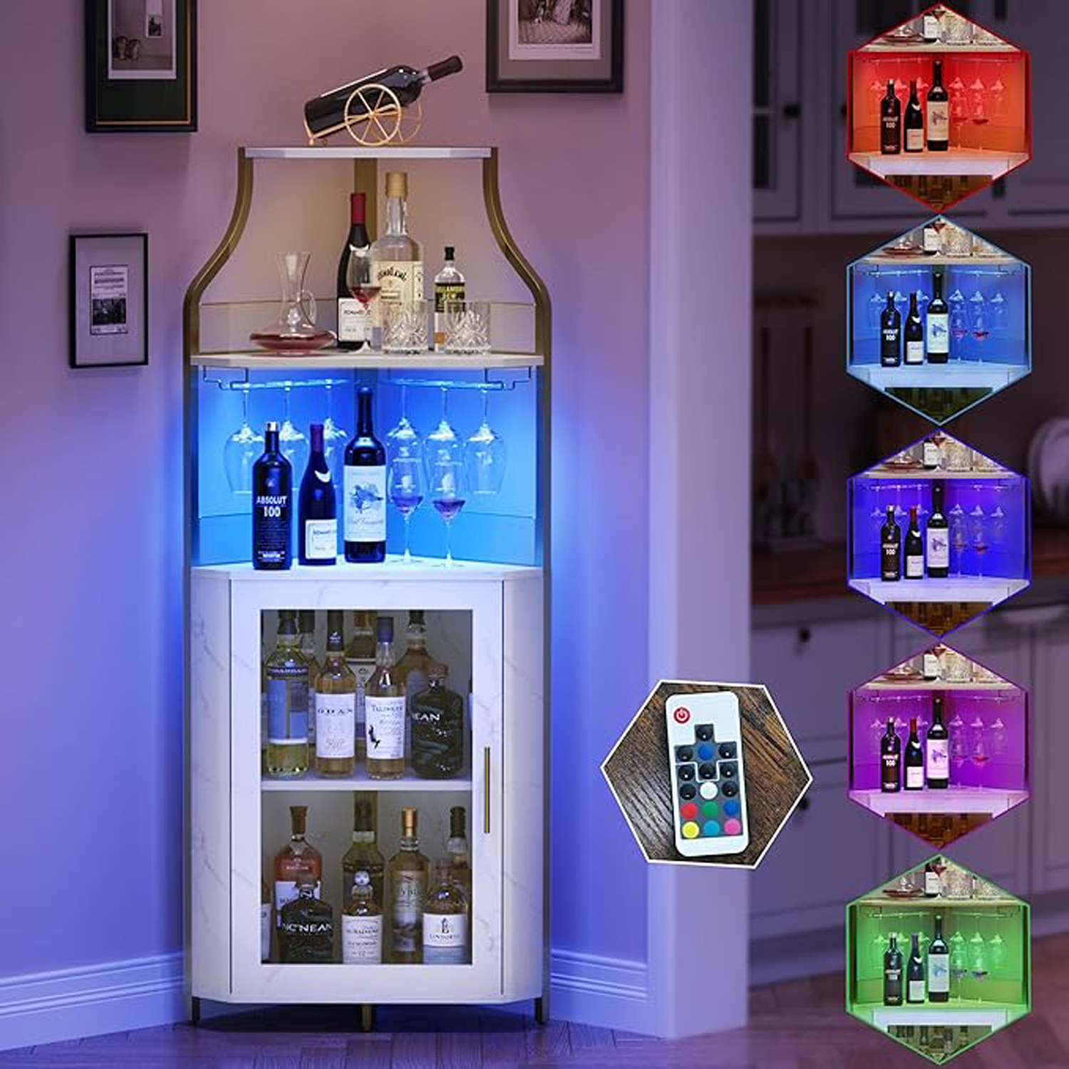 Corner Bar Cabinet,Wine Bar Cabinet with Led Lights and Adjustable Shelf,Corner Liquor Cabinet with Glass Holder and Storage