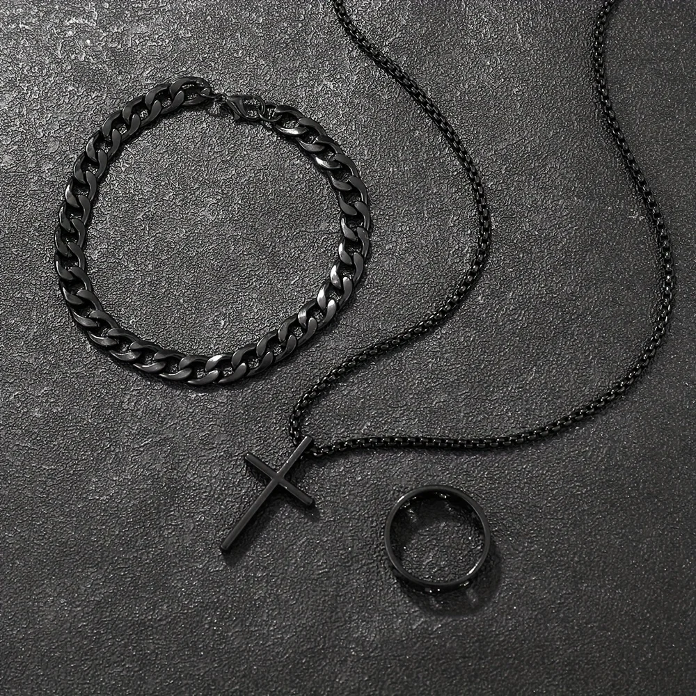Conjunto de joias de liga de moda masculina de 3 peças – combinação de colar, pulseira e anel com pingente de cruz