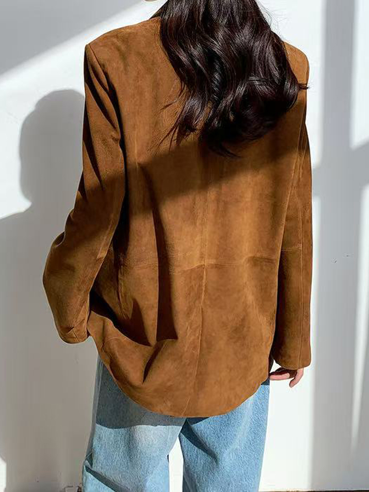 Top layer Suede Suit Jacket for Women 2024 Luxury Imported Kid Suede 100% Leather One Button Back Cut Coat Linda Fuchsia Ceket