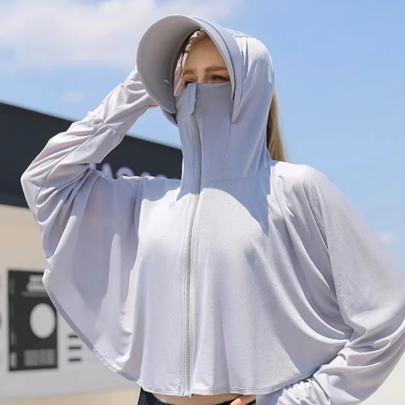 UPF 50+ Sudadera con capucha de protección solar para mujer, Color sólido, seda fina de hielo, protección UV de verano, chaqueta de manga larga, camisa transpirable, ropa