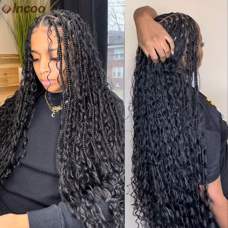 ยาว 32 Bohoถักเต็มลูกไม้ด้านหน้าวิกผมสังเคราะห์สีบลอนด์หยิกเทพธิดาLocs CornrowsวิกผมPre Pluckedผมเด็กกล่องBraidsวิกผม