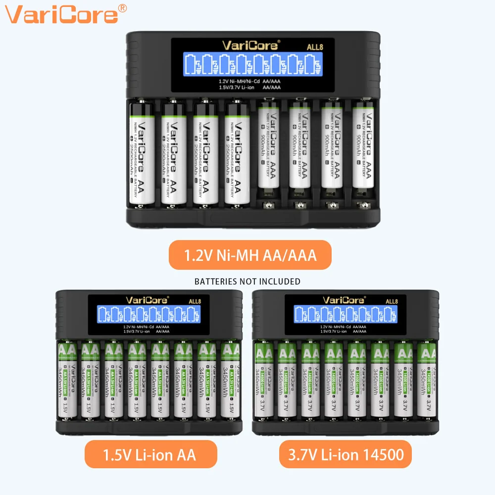 Cargador VariCore AA/AAA 4 cargador LCD ALL4 8 de alta velocidad con 8 ranuras, adecuado para baterías recargables de iones de litio Ni-MH de 1,2 V 1,5 V/3,7 V