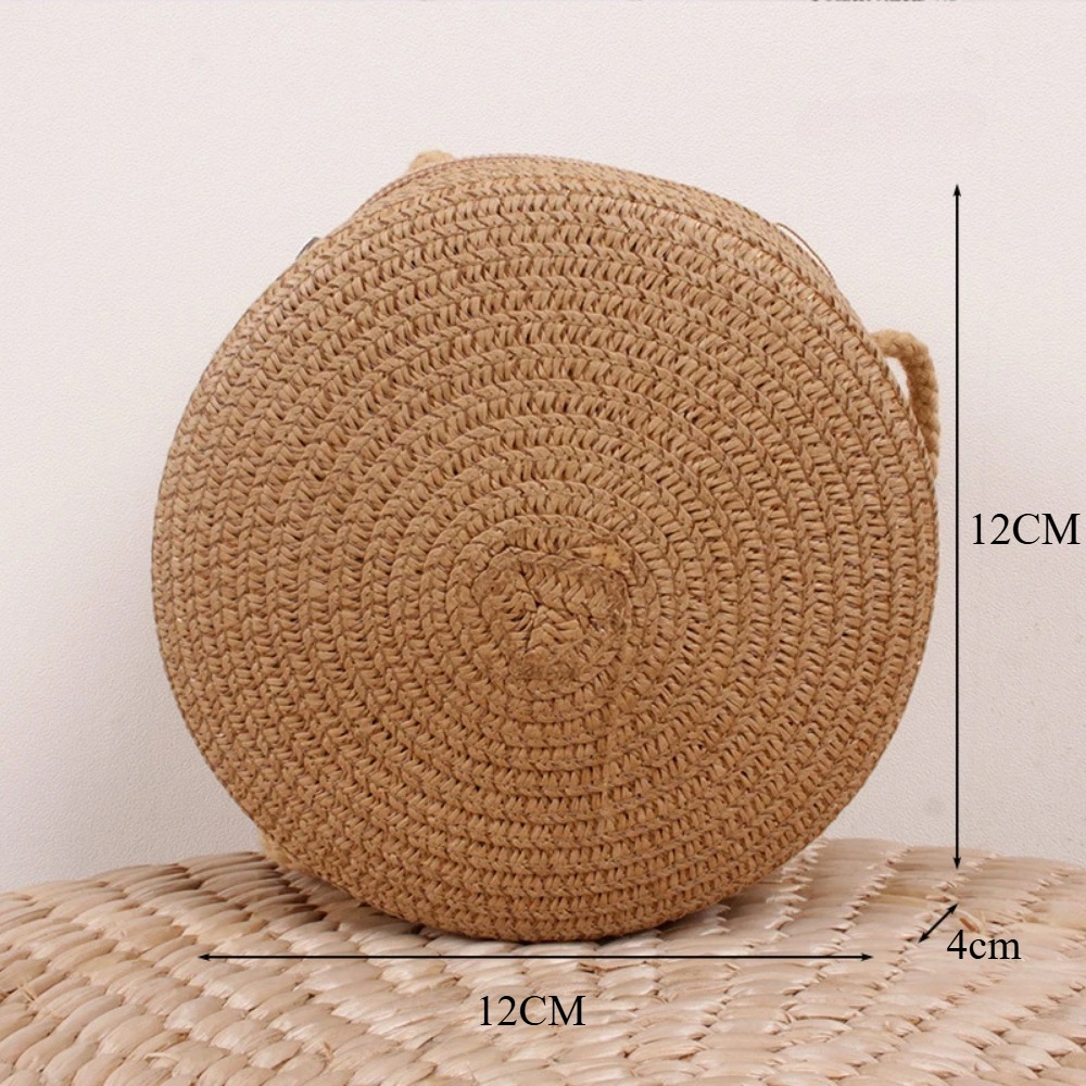 Bolsa de palha minimalista estilo férias – bolsa de ombro crossbody redonda feminina