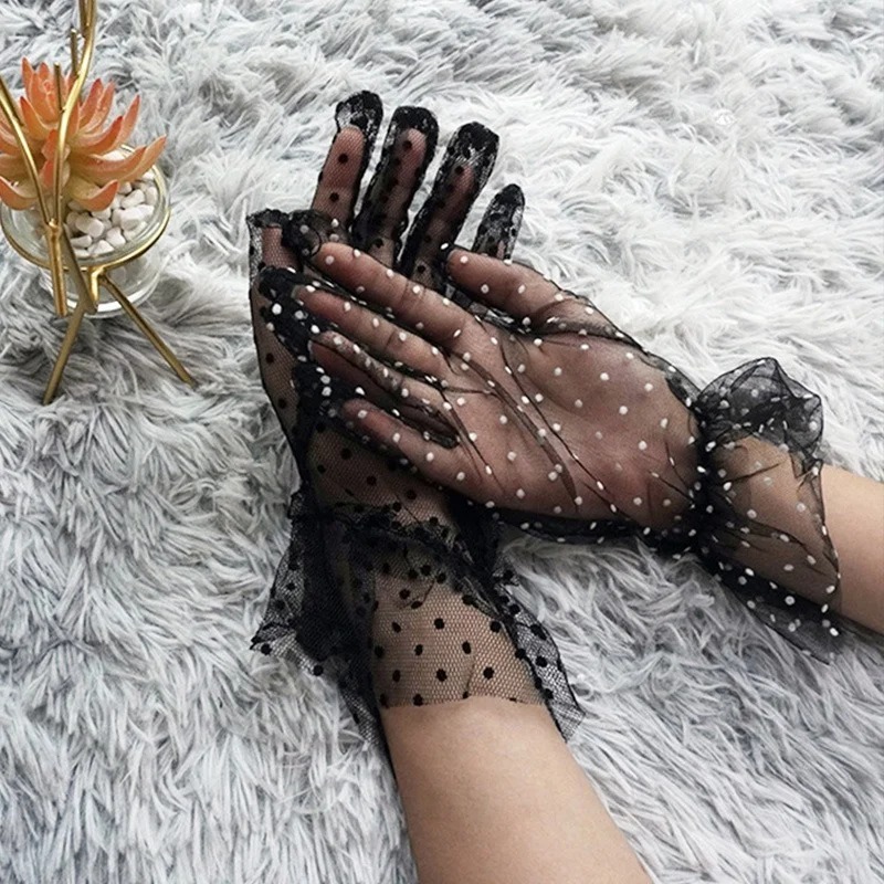 1pc 섹시한 Transparentes 도트 인쇄 블랙 화이트 메쉬 Tulle GloveSpring 여름 얇은 짧은 장갑 클럽 파티 파티 댄스 드레스 장갑
