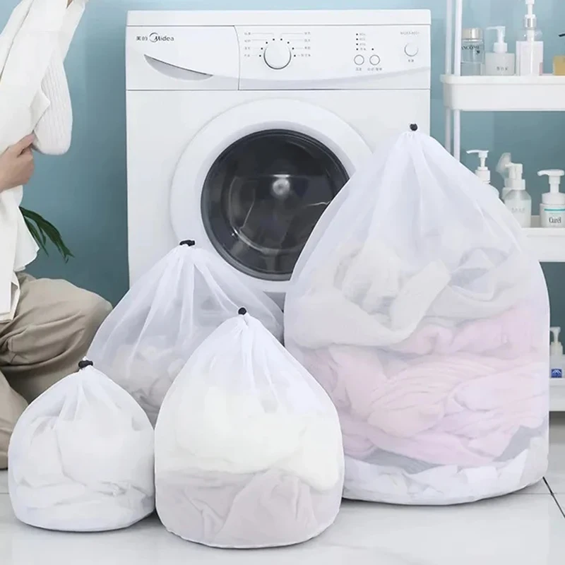1Pc Drawstring Mesh Laundry Bags Fine/Coarse Mesh Washing Machine Travel Laundry Pouch Soft White Lingerie Storage Clothing Hot
