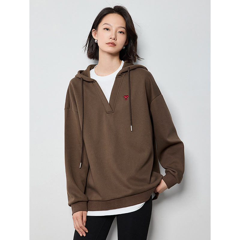 TOYOUTHผู้หญิงHoodiesเสื้อกันหนาว2024ฤดูใบไม้ร่วงใหม่หัวใจรูปแบบเย็บปักถักร้อยปลอม2ชิ้นHooded Pullover Tops