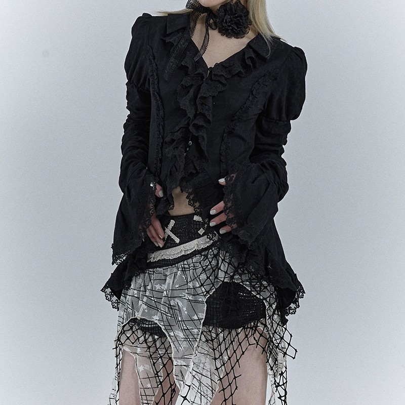 Karrcat-camisa gótica de encaje negro, blusas irregulares de estética oscura, estilo Yamamoto, camisa de manga acampanada Grunge con cuello en V, Vintage Y2k Emo