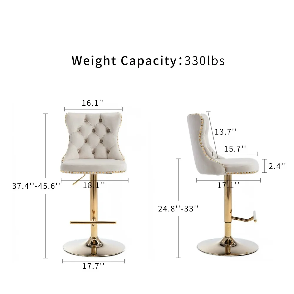 Velvet Bar Stools Set of 2, Counter Height Bar Stools with Button & Nailheads Trim, Gold Swivel Bar Stools for Kitchen Island