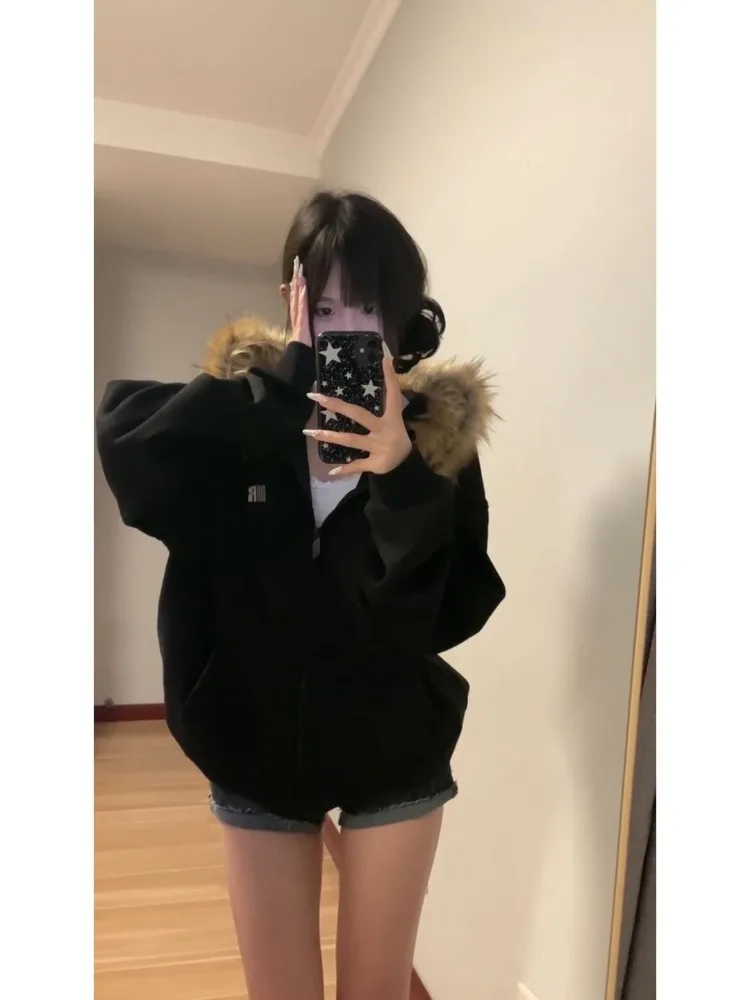 Deeptown feminino preto zip up hoodies vintage coreano estilo preppy casaco de pele do falso oversized moletom casual harajuku outono inverno
