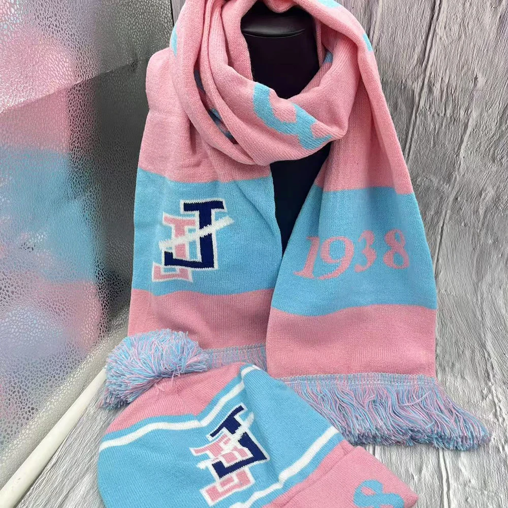 Jack and Jill light blue light pink sorority letter 1938 knitted scarf hat set