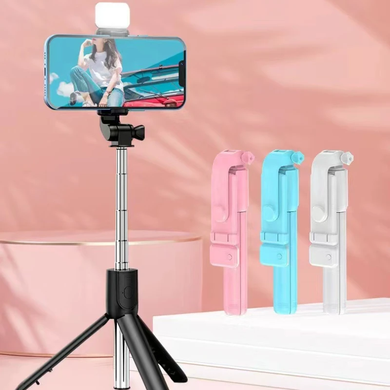 Drahtloses Bluetooth-Selfie-Stick-Stativ mit ausziehbarem Fernstativ und abnehmbarem LED-Selfie-Licht für iOS- und Android-Smartphones