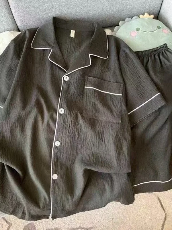 Pijamas de Aodão Leve com Manga Curta para Homens, Roupas de Verão para Casa, Tecido Fino, Calças Curtas Pretas, Estilo Sim...