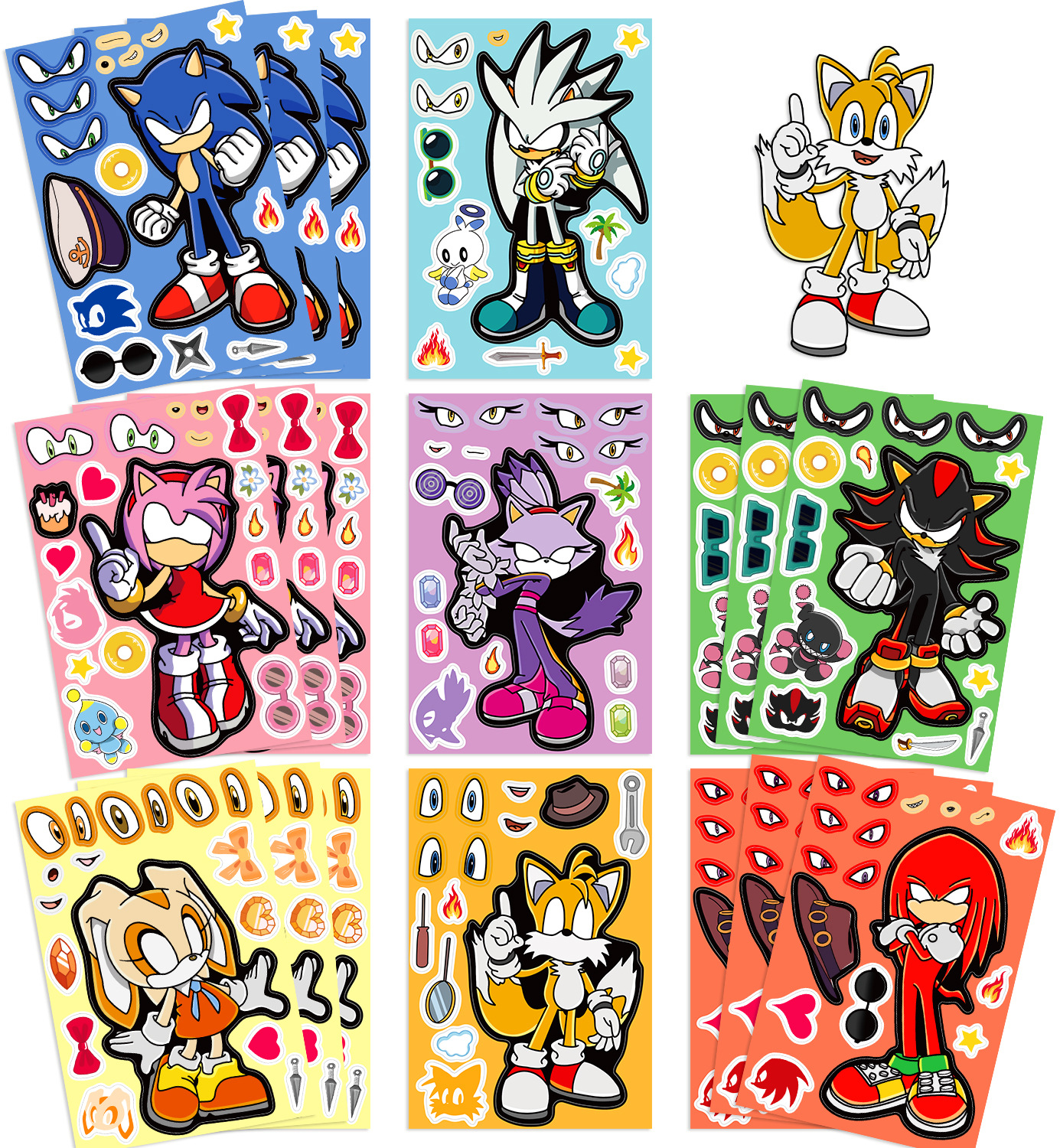 8 folhas anime sonic o ouriço quebra-cabeça adesivos kawaii fazer um rosto livro adesivos bonito dos desenhos animados diy engraçado adesivo brinquedo crianças presente