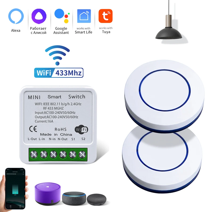 WiFi Smart Switch DIY Modul Empfänger Tuya Smart Leben APP Alexa Google Home Sprachsteuerung RF433MHz Runde Taste Fernbedienung für Licht